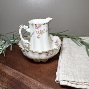 Antique Haviland Limoges France Small Bowl & Creamer Pink Floral Gold Trim